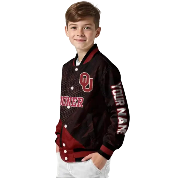 personalized oklahoma sooners hexagon mesh crimson black varsity jacket trendy.webp