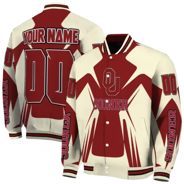 personalized oklahoma sooners spider mark crimson cream varsity jacket fashion forward.webp