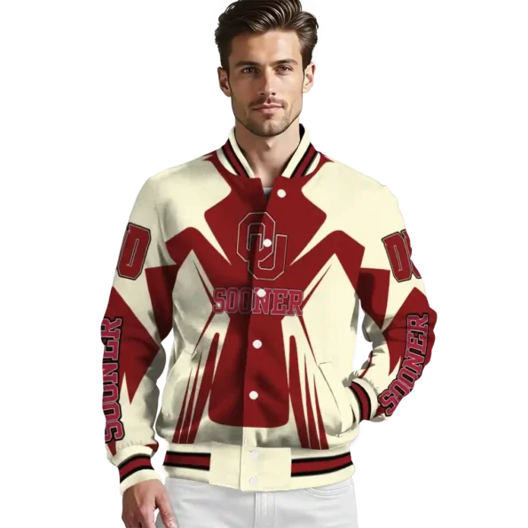 personalized oklahoma sooners spider mark crimson cream varsity jacket high quality.webp