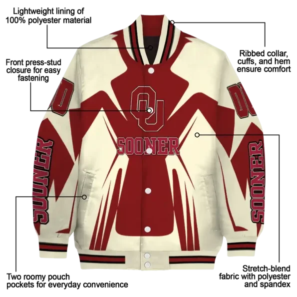 personalized oklahoma sooners spider mark crimson cream varsity jacket new arrival.webp