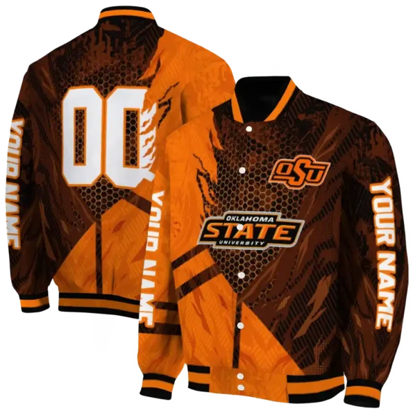 personalized oklahoma state cowboys hexagon mesh orange black varsity jacket fashion forward.webp