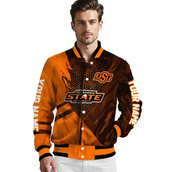 personalized oklahoma state cowboys hexagon mesh orange black varsity jacket high quality.webp