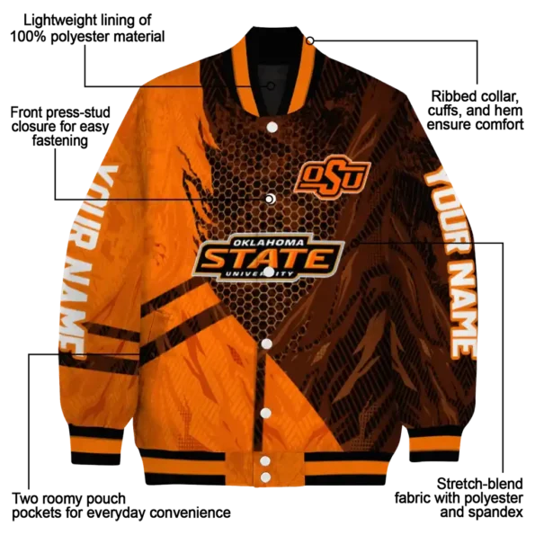 personalized oklahoma state cowboys hexagon mesh orange black varsity jacket new arrival.webp