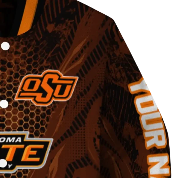 personalized oklahoma state cowboys hexagon mesh orange black varsity jacket premium grade.webp