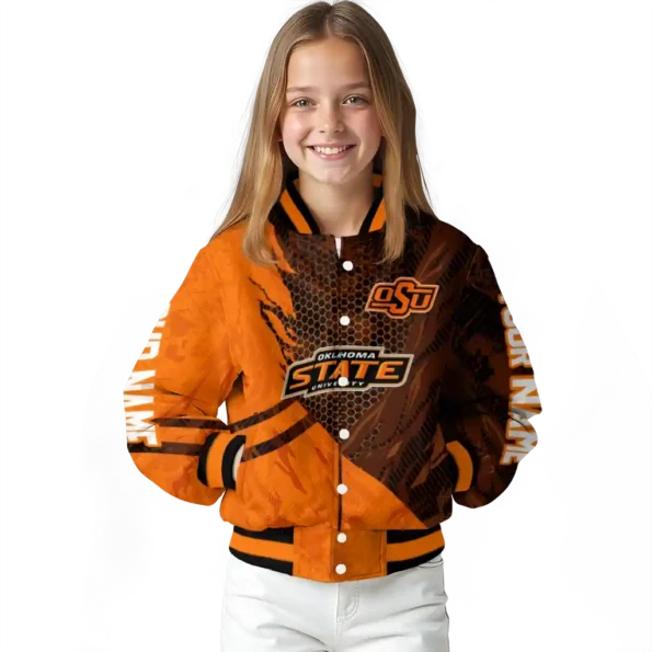 personalized oklahoma state cowboys hexagon mesh orange black varsity jacket top rated.webp