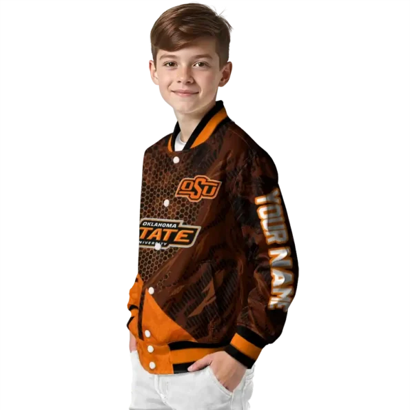 personalized oklahoma state cowboys hexagon mesh orange black varsity jacket trendy.webp