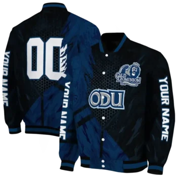 personalized old dominion monarchs hexagon mesh blue black varsity jacket fashion forward.webp