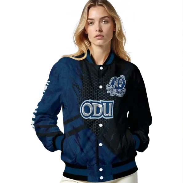 personalized old dominion monarchs hexagon mesh blue black varsity jacket latest model.webp