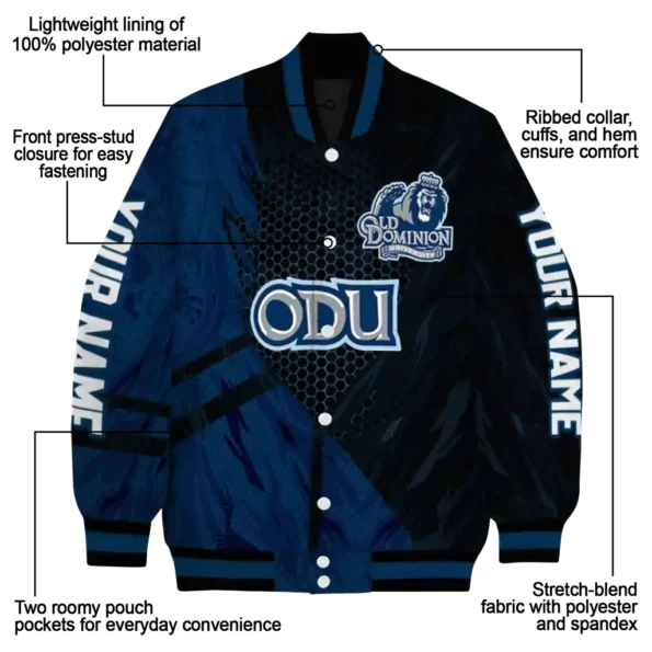 personalized old dominion monarchs hexagon mesh blue black varsity jacket new arrival.webp