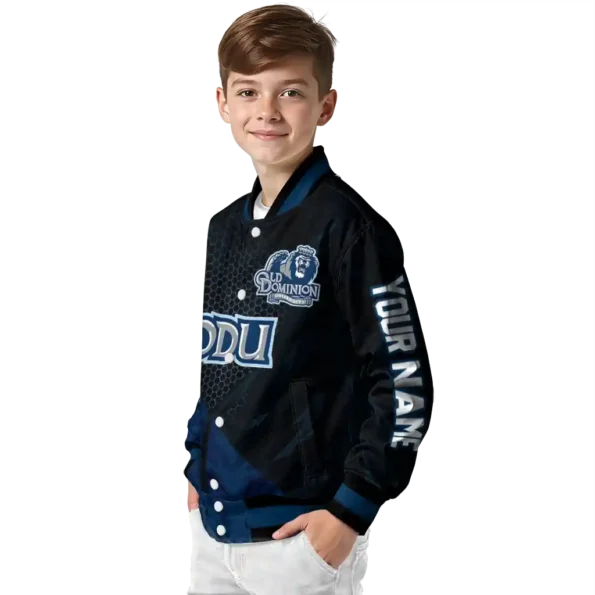 personalized old dominion monarchs hexagon mesh blue black varsity jacket trendy.webp