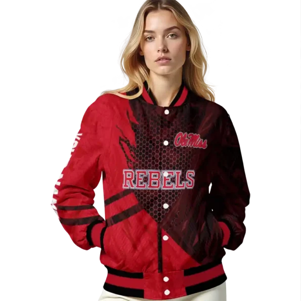 personalized ole miss rebels hexagon mesh red black varsity jacket latest model.webp