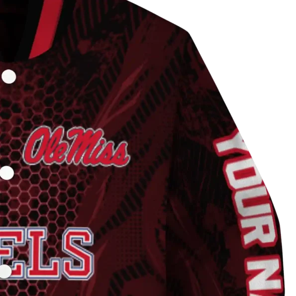 personalized ole miss rebels hexagon mesh red black varsity jacket premium grade.webp