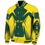 personalized oregon ducks spider mark green yellow varsity jacket best selling.webp