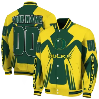 personalized oregon ducks spider mark green yellow varsity jacket fashion forward.webp