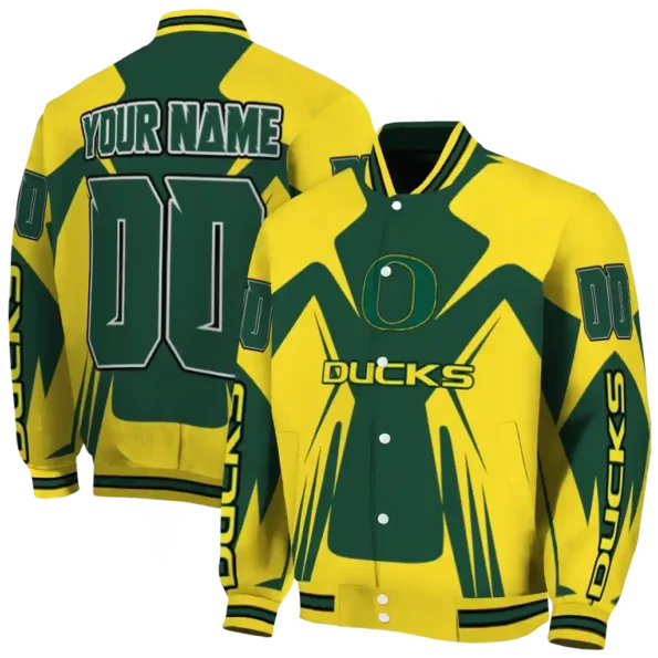 personalized oregon ducks spider mark green yellow varsity jacket fashion forward.webp