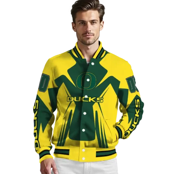 personalized oregon ducks spider mark green yellow varsity jacket high quality.webp