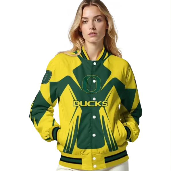 personalized oregon ducks spider mark green yellow varsity jacket latest model.webp