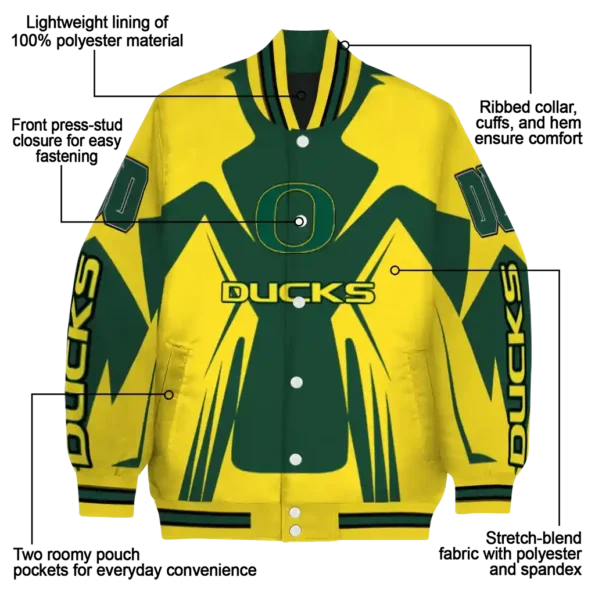 personalized oregon ducks spider mark green yellow varsity jacket new arrival.webp