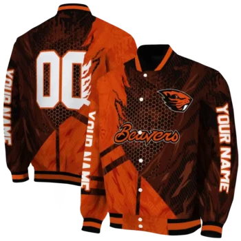personalized oregon state beavers hexagon mesh orange black varsity jacket fashion forward.webp