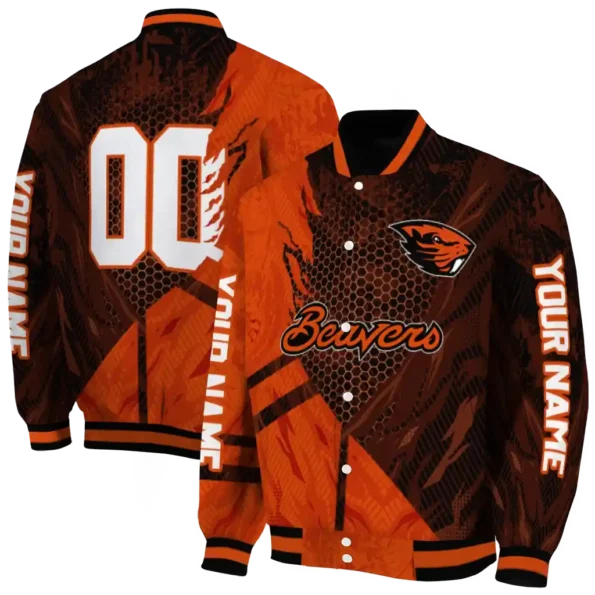personalized oregon state beavers hexagon mesh orange black varsity jacket fashion forward.webp
