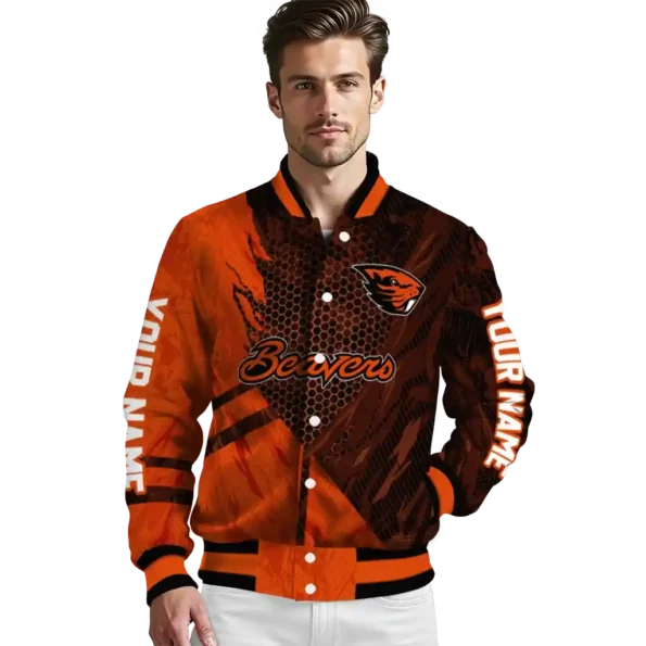 personalized oregon state beavers hexagon mesh orange black varsity jacket high quality.webp