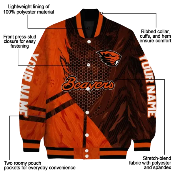 personalized oregon state beavers hexagon mesh orange black varsity jacket new arrival.webp