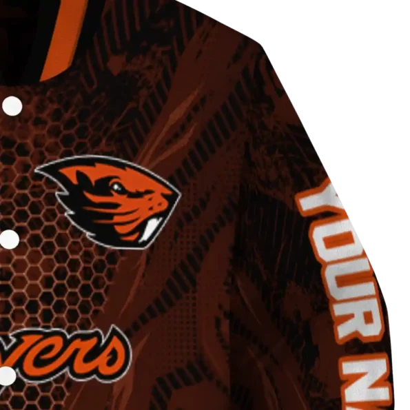 personalized oregon state beavers hexagon mesh orange black varsity jacket premium grade.webp