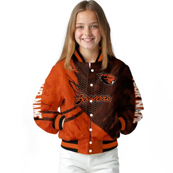 personalized oregon state beavers hexagon mesh orange black varsity jacket top rated.webp