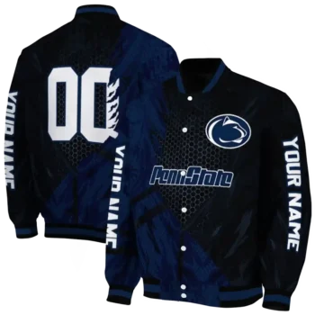 personalized penn state nittany lions hexagon mesh blue black varsity jacket fashion forward.webp