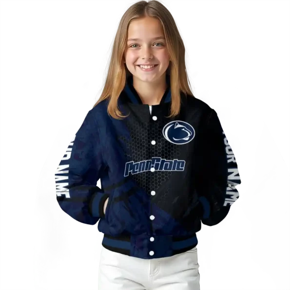 personalized penn state nittany lions hexagon mesh blue black varsity jacket top rated.webp