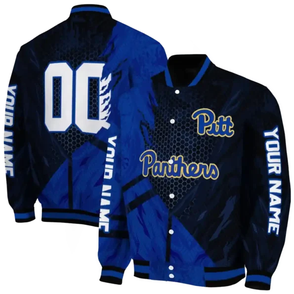 personalized pittsburgh panthers hexagon mesh royal blue black varsity jacket fashion forward.webp