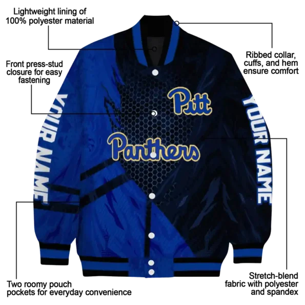 personalized pittsburgh panthers hexagon mesh royal blue black varsity jacket new arrival.webp