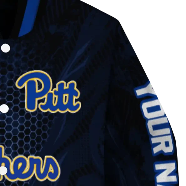 personalized pittsburgh panthers hexagon mesh royal blue black varsity jacket premium grade.webp