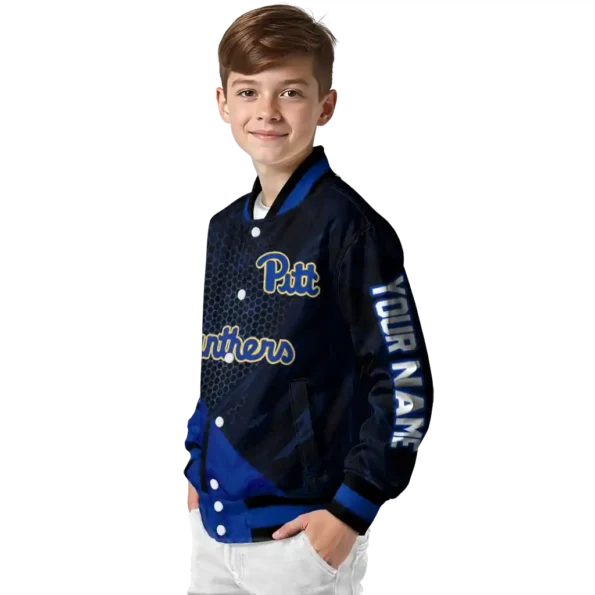 personalized pittsburgh panthers hexagon mesh royal blue black varsity jacket trendy.webp