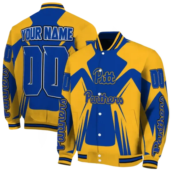 personalized pittsburgh panthers spider mark royal blue gold varsity jacket fashion forward.webp