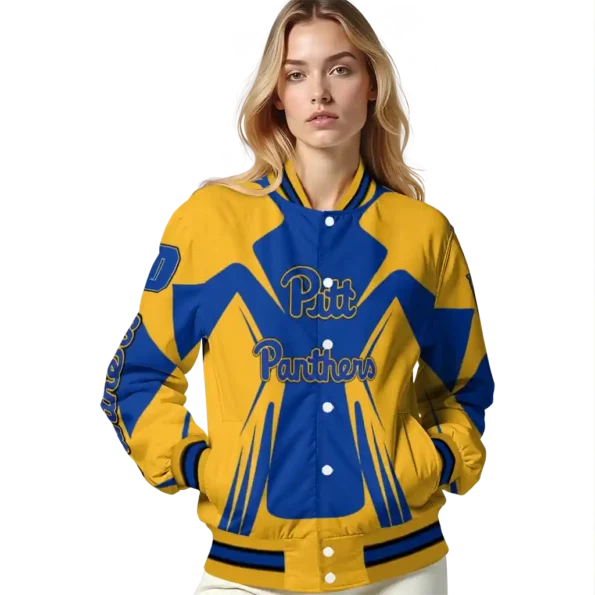 personalized pittsburgh panthers spider mark royal blue gold varsity jacket latest model.webp