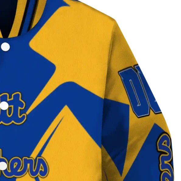 personalized pittsburgh panthers spider mark royal blue gold varsity jacket premium grade.webp