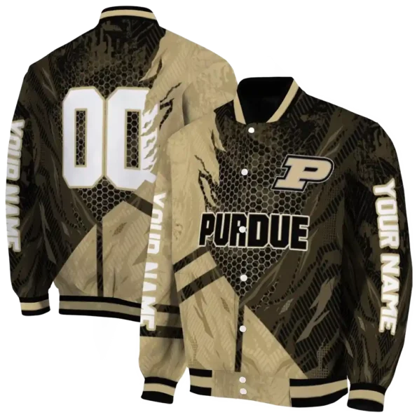 personalized purdue boilermakers hexagon mesh gold black varsity jacket fashion forward.webp