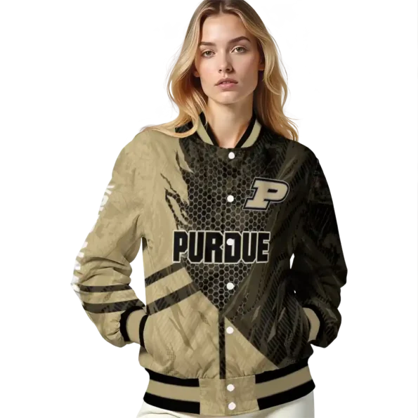 personalized purdue boilermakers hexagon mesh gold black varsity jacket latest model.webp