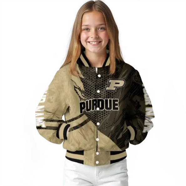 personalized purdue boilermakers hexagon mesh gold black varsity jacket top rated.webp