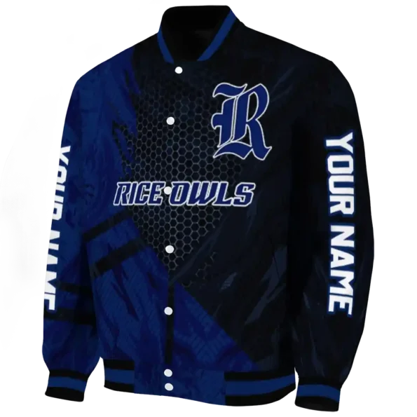 personalized rice owls hexagon mesh navy blue black varsity jacket best selling.webp