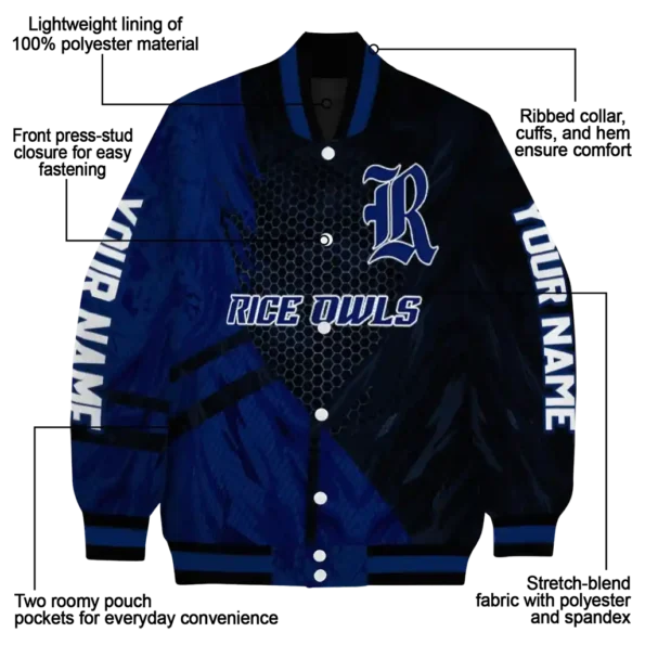 personalized rice owls hexagon mesh navy blue black varsity jacket new arrival.webp