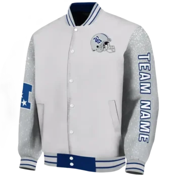 personalized rice owls speckled arms navy blue gray varsity jacket best selling.webp