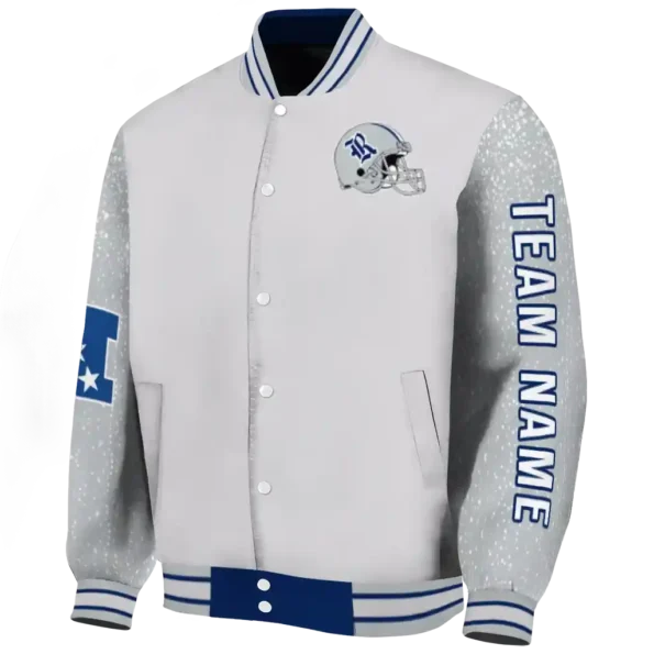 personalized rice owls speckled arms navy blue gray varsity jacket best selling.webp
