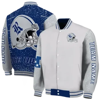 personalized rice owls speckled arms navy blue gray varsity jacket fashion forward.webp