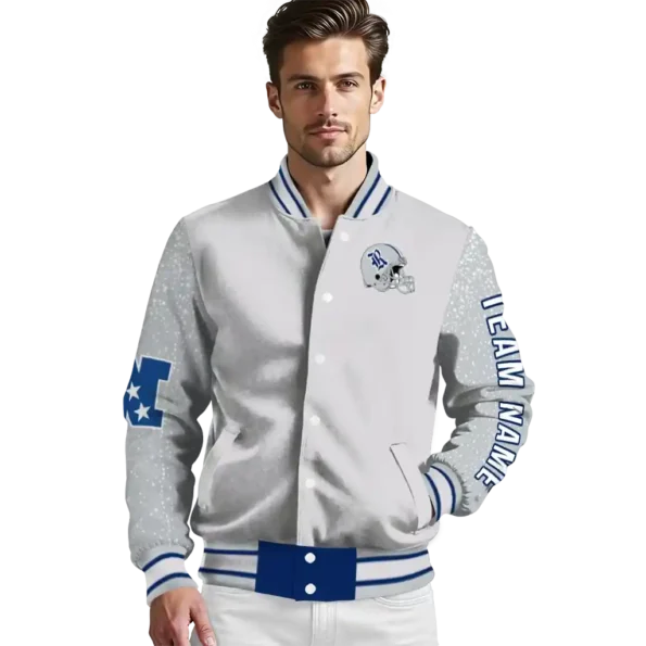 personalized rice owls speckled arms navy blue gray varsity jacket high quality.webp