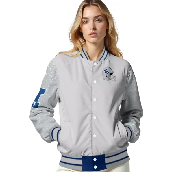 personalized rice owls speckled arms navy blue gray varsity jacket latest model.webp