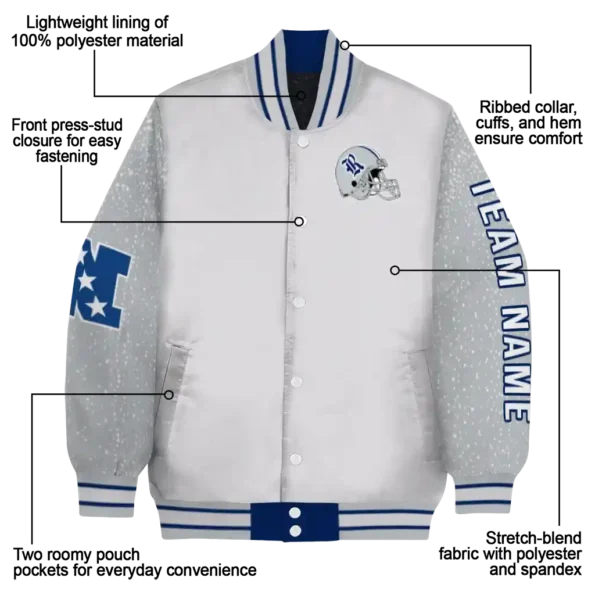 personalized rice owls speckled arms navy blue gray varsity jacket new arrival.webp