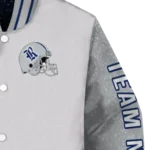personalized rice owls speckled arms navy blue gray varsity jacket best selling.webp