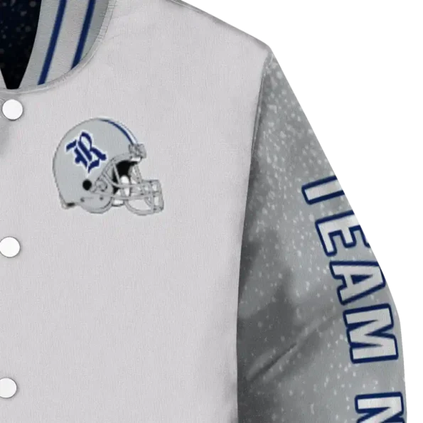 personalized rice owls speckled arms navy blue gray varsity jacket premium grade.webp